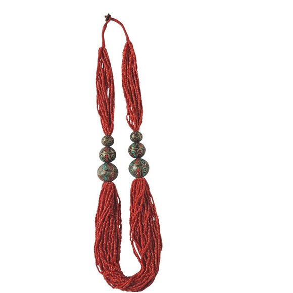 Tribal Boho Necklace Red Seed Bead Vintage Brass - Picture 4 of 5